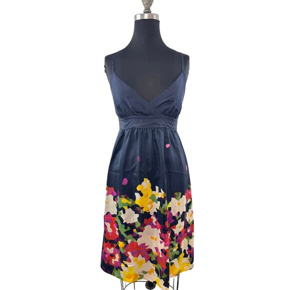 THEORY Navy Blue Fit & Flare Dress Silk Abstract Floral Spaghetti Strap Size 6 - Picture 1 of 8